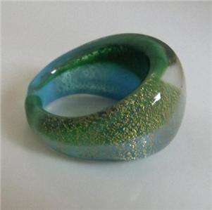 MURANO GLASS GREEN BLUE 22 CARAT GOLD FOIL BOLD RING size  N NEW 