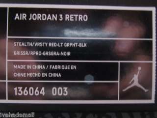 Nike Air Jordan 3 III Retro Sz 14 Stealth Varsity Red Graphite 136064 