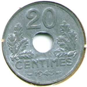  France 1943 20 Centimes Y#v92.1 