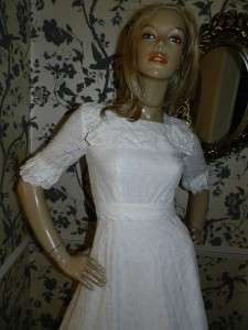 VINTAGE 70s WHITE BRODERIE ANGLAISE TRAILING MAXI WEDDING DRESS 8 