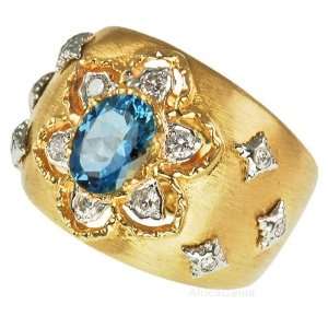 Interesting Thick Gold Band With Amazing Inlaid Aquamarine and Diamond 