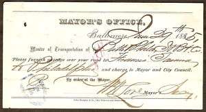 1885 TRAVEL VOUCHER Baltimore Maryland MAYORS OFFICE  