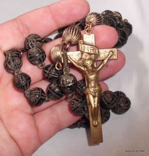 ANTIQUE CARVED ROSARY w/ FOUR NAILS CRUCIFIX  