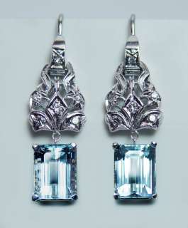 Vintage 3.6ct Aquamarine Diamond Dangling Earrings 14K White Gold 