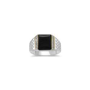    0.03 CT SILVER & 14K YELLOW GOLD ONYX MENS RING 5.0 Jewelry