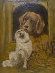   ANTIQUE, TWO DOGS IN LOVE, FOLK ART OIL PAINTING SIGNED HANSEN  