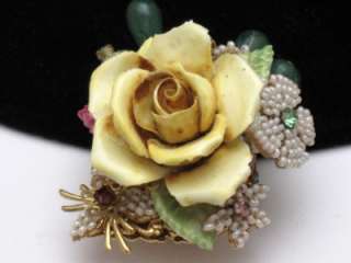   STANLEY HAGLER N.Y.C. Brooch Pin Rose Floral Crystals Art Glass  