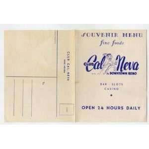  Club Cal Neva Reno Nevada Souvenir Menu / Mailer 1950s 