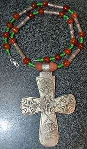   Ethiopian Coptic Cross Necklace, Tuareg Ethnic Silver Beads  