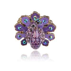   Lavender Purple Enamel Peacock Bird Crystal Rhinestone Ring Jewelry
