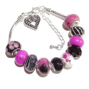  Pandora / Troll Style Charm Bracelet   Hot Pink & Black 19 