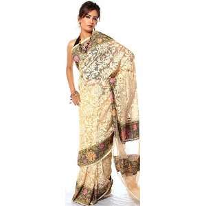  Ivory Handwoven Sari from Banaras with Multi Color Floral 