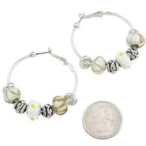 Silver Hoop Earrings ~ Lightweight Small White Murano Glass Beads 