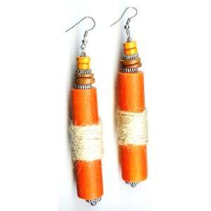 Handmade African Style Earrings   Long Wooden Earrings   Color Orange