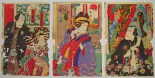 1893 Japanese Woodblock Print Triptych Of Samurai and Geisha  