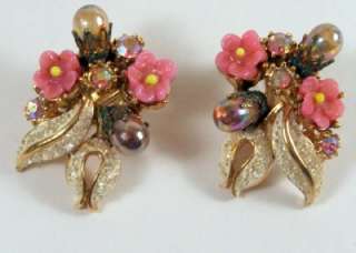Vintage FLORENZA AB Faux Pearl & Art Glass Earrings  