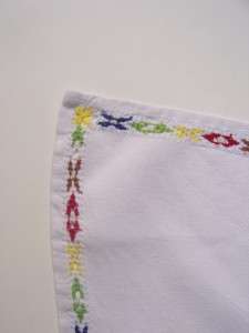   Linen Table Cloth White 32 x 32 Hand Done Cross Stitch 1950  