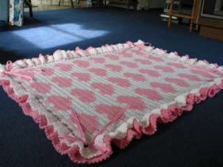 PINK HEARTS CROCHETED BABY BLANKET AFGHAN w/ RUFFLES, RIBBONS & BOWS 