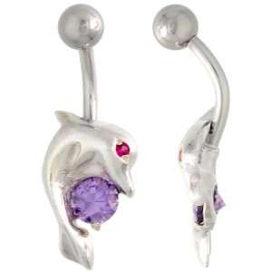  Dolphin Belly Button Ring with Amethyst Cubic Zirconia on 