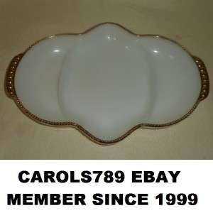 Anchor Hocking FIRE KING milk glass relish dish 3 sectional gold 