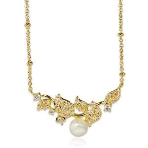  I Lovette Flora Collection CZ Golden Leaf Pearl Necklace 