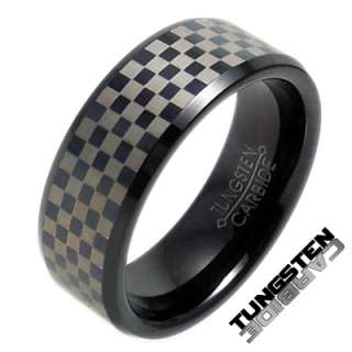 Tungsten Carbide Black w/ Tan Checkered Band Ring 8mm Size 7 14  