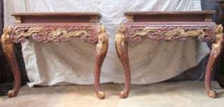 ANTIQUE CHINESE SIDE HALL PAIR TABLE WOOD LACQUERED DRAGON RED GOLD 