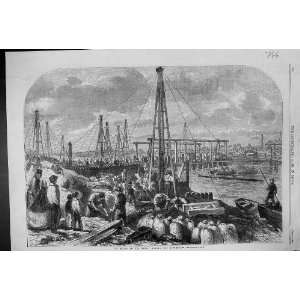  1862 FLOOD FENS MAKING COFFERDAM RIVER BOATS ANTIQUE PRINT 