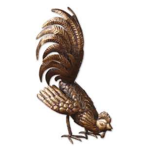   19.8 Inch Metal Rooster Statue Distressed, Gold Leaf w/Gray Glaze