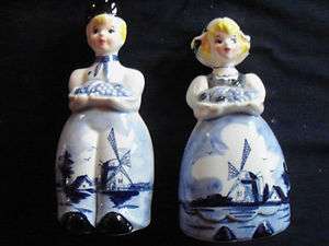 Delft Style Pottery Holland Dutch Girl Blue & White Salt & Pepper 