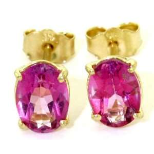  14k Gold Stud Earrings with Genuine Pink Topaz Jewelry