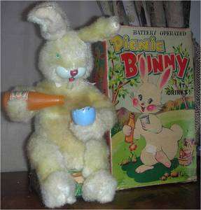 VINTAGE PICNIC BUNNY BATTERY OPERATED ALPS TOY MADE IN JAPAN  