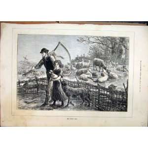 1873 Foster Lamb Little Girl Sheep Dog Farm Man Print 