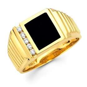  Mens Black Onyx Diamond Pinky Ring 14k Yellow Gold Band (1 