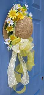 Country Daisy Straw Hat Front Door Floral Wreath Spring Easter Holiday 