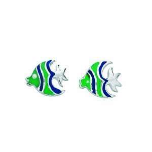  AMA840   Royal Blue & Jade Green Angel Fish Stud Earrings 