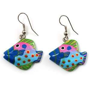   Wood Fish Drop Earrings (Blue, Pink & Green)   3.5cm Length Jewelry