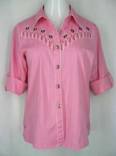 Bob Mackie Wearable Art M Fun Ladybug Button Up Pink Shirt Roll Up 
