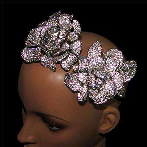 Bridal 2 Flower Rose Head Hair Band Austrian Rhinestone Crystal  
