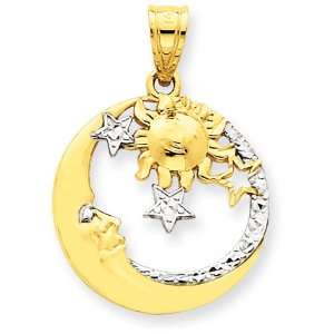    14k Gold and Rhodium D/C Moon, Stars, and Sun Pendant Jewelry