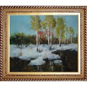  Yellow Trees in Snow Covered River Bank Oil Painting, with 