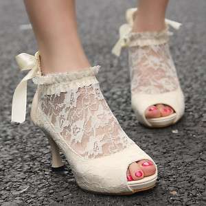 Ladies Lace Ribbon Ankle Wedding Heels Pumps Shoes New  
