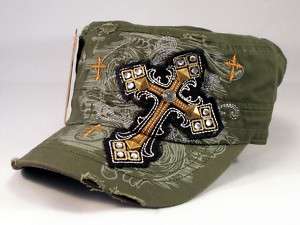 Olive Cadet Castro Cap Black Cross Military Army Hat Distressed Visor 