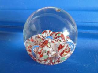 Blown Glass Paperweight Multi Colored Flower in Clear  