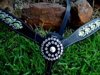 LEATHER Breast collar CRYSTALS BLING LIME GREEN BLACK  