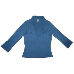  Long Sleeve Collared V neck Fitted Stretch Top in BLUE by 