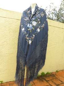   HUGE 1920 30S EMBROIDERED SILK PIANO SHAWL W/LONG FRINGES  