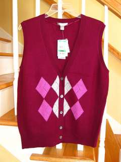 NWT Charter Club Sweater Vest 100% 2 Ply Cashmere Button Front Argyle 