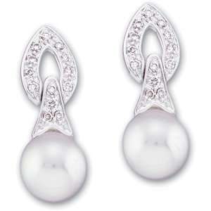  14K White Gold Freshwater Pearl Diamond Dangle Earrings 