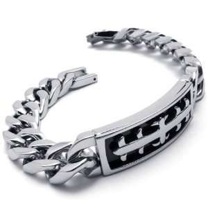  Mens Titanium Carved Cross Engraved Silver Bracelet 